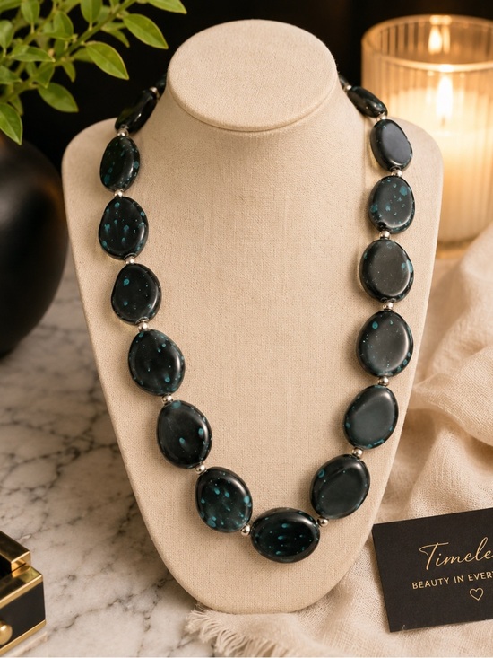 Jewelry - Black Teal Stone Beaded Necklace Statement Collar Chunky Artisan Jewelry Boho
